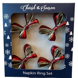 Christmas RED BOW Napkin Rings Set of 4 Silver Holiday Glam Cherish the Season
